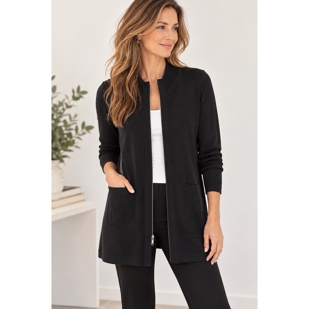 Exclusively Misook Black Full Zip Mock Neck Knit Cardigan Jacket Womens XS
